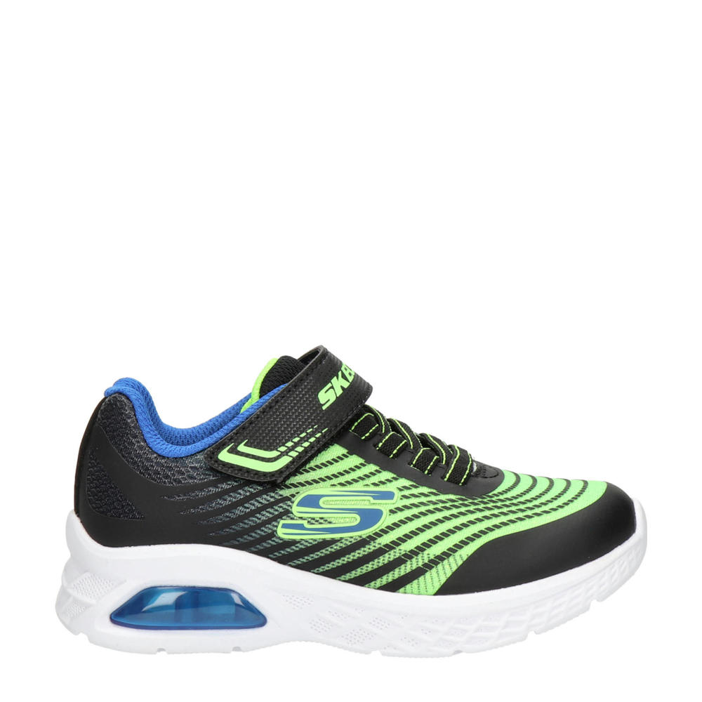 Zwarte jongens Skechers Microspec Max II sneakers neongroen van imitatieleer met elastische veter- met klittenbandsluiting en logo