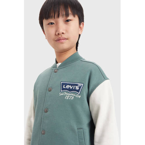 Levis Levi's Kids baseballjack met backprint olijfgroen wit Jas Jongens Sweat Opstaande kraag 140