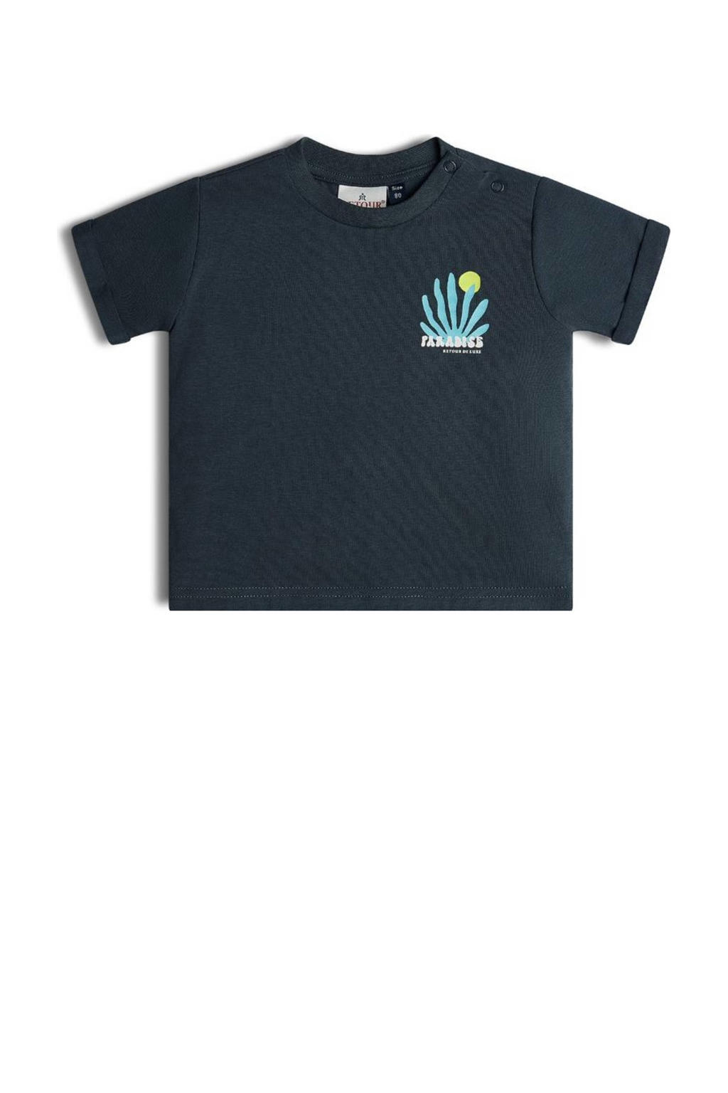 Antraciet en blauwe jongens Retour Mini T-shirt Pepijn van stretchkatoen met backprint, korte mouwen, ronde hals en drukknoopsluiting
