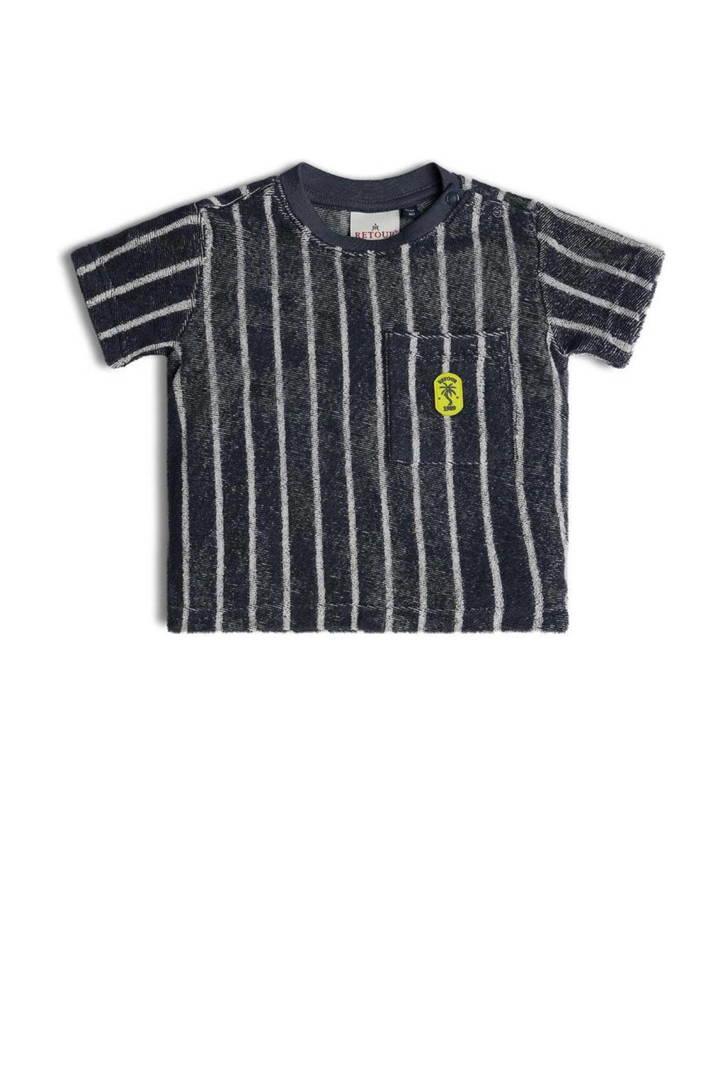 Antraciet en witte jongens Retour Mini gestreept badstof T-shirt Olaf met korte mouwen, ronde hals en drukknoopsluiting
