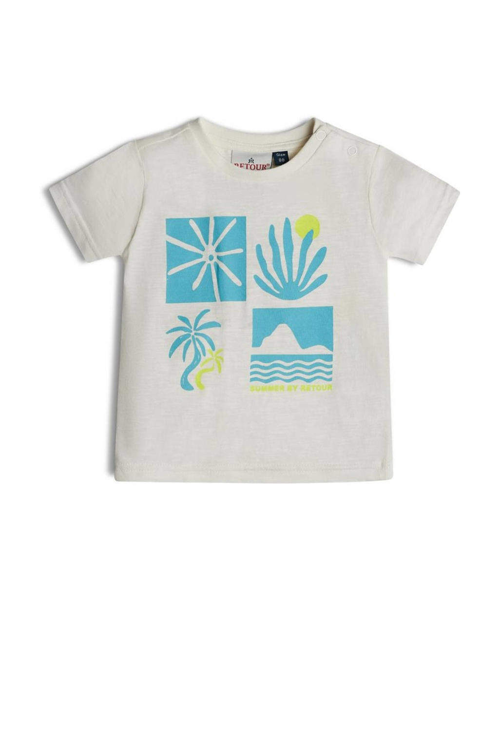 Ecru en aqua jongens Retour Mini T-shirt Delvin van katoen met printopdruk, korte mouwen, ronde hals en drukknoopsluiting