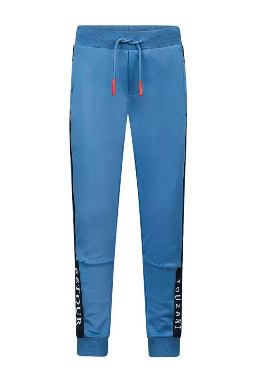 Blauwe jongens Retour X Touzani slim fit joggingbroek Ditch van polyester met elastische tailleband met koord en meerkleurige print