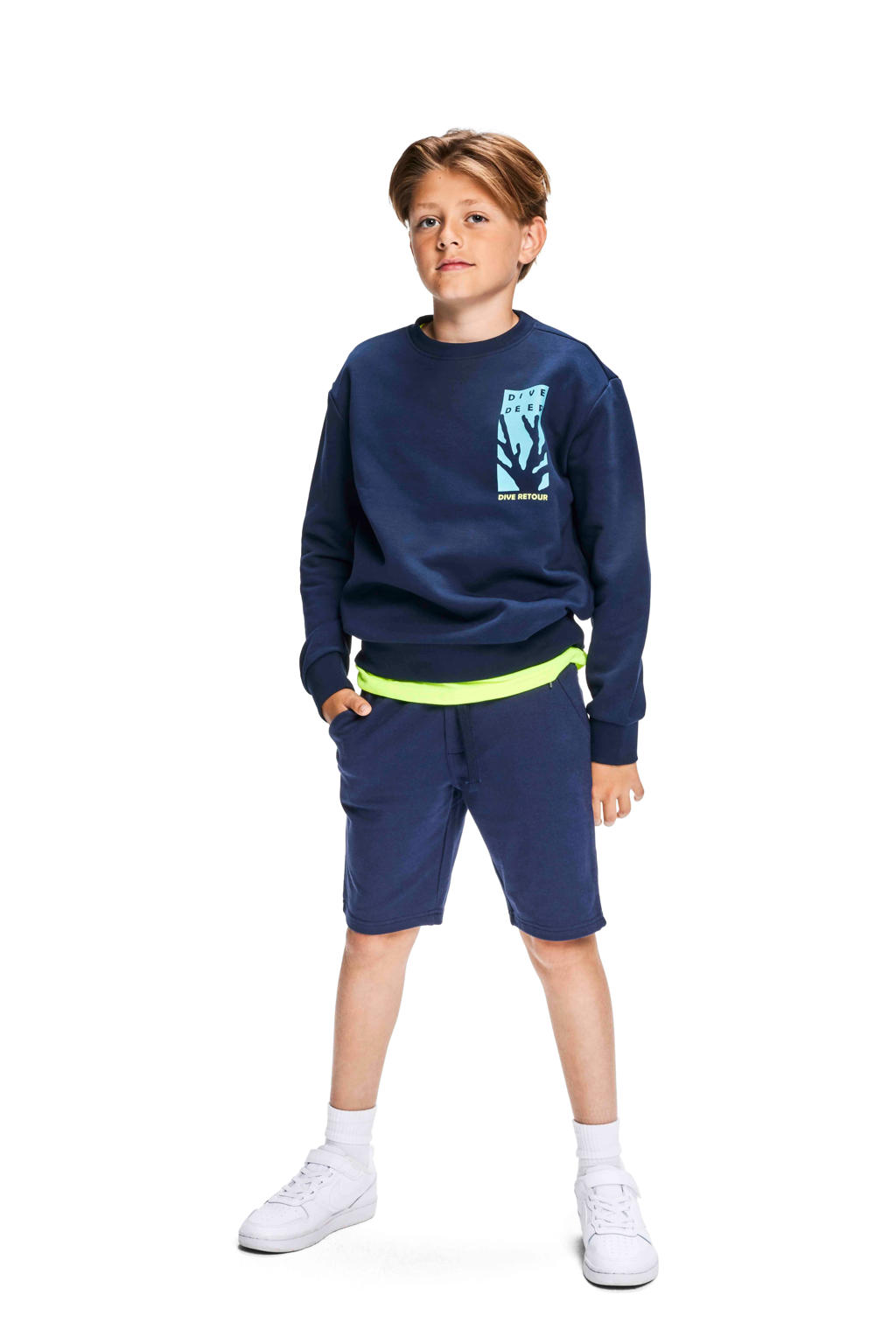 Donkerblauwe jongens Retour Jeans sweatshort Maxim met elastische tailleband met koord en effen
