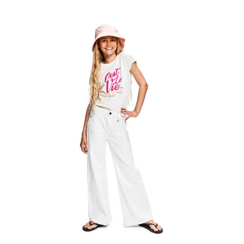 Retour Jeans T-shirt Zoey met tekst wit fuchsia Meisjes Biologisch katoen Ronde hals 116