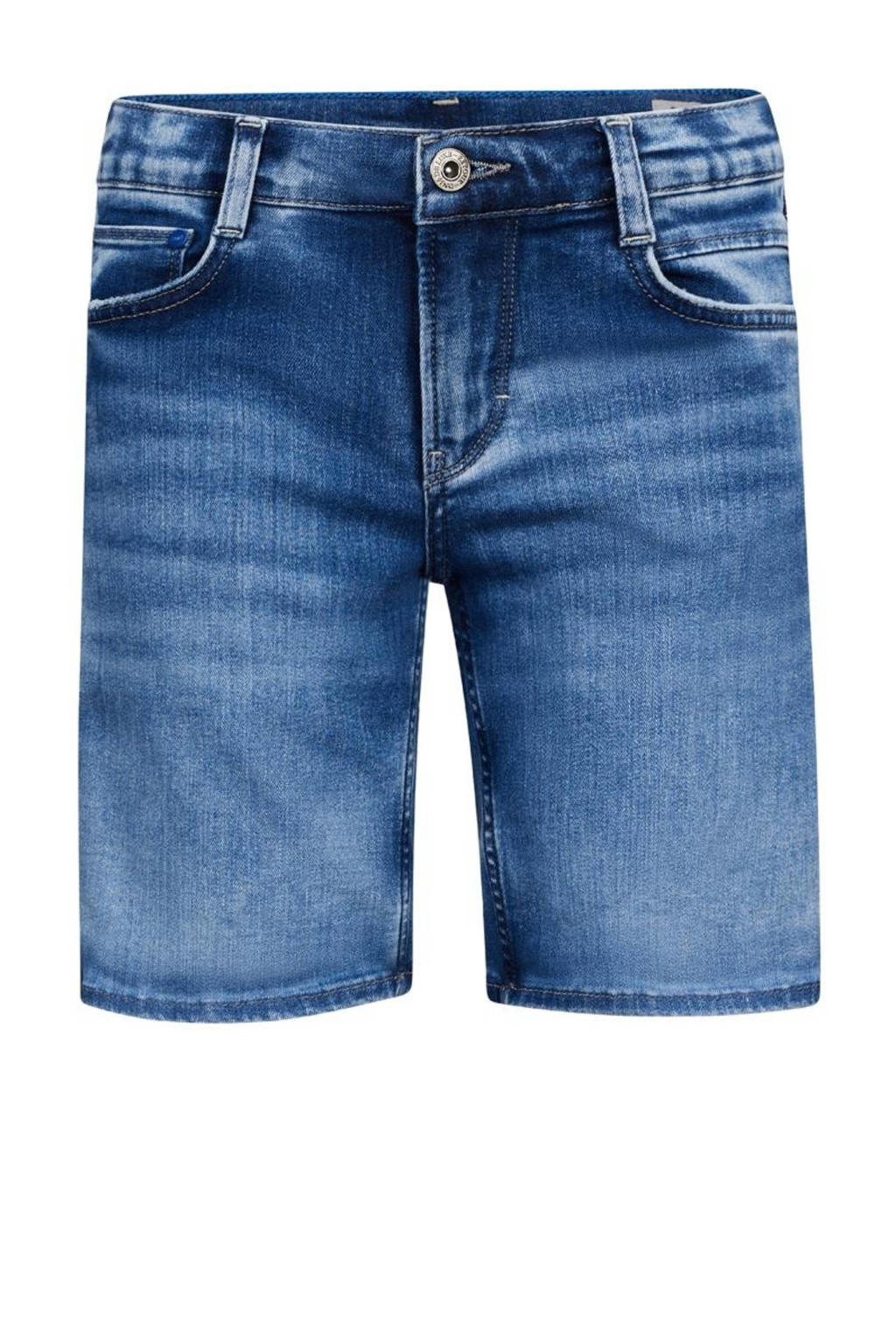 Medium blue denim jongens Retour Jeans short Reven Indigo van stretchdenim met rits- en knoopsluiting en effen