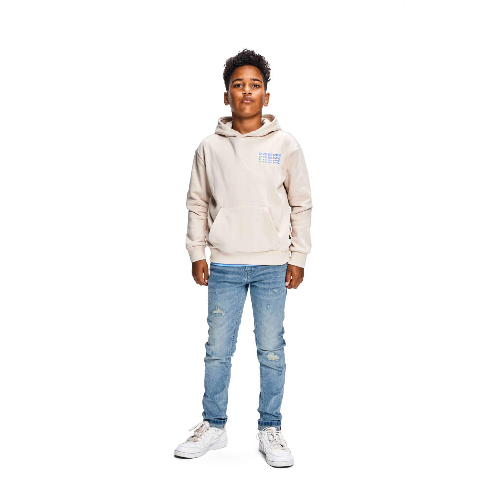 Beige jongens Retour Jeans hoodie Otis van sweat materiaal met backprint, lange mouwen, capuchon en geribde boorden