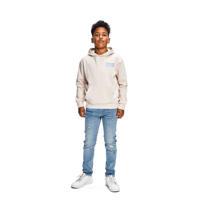 thumbnail: Beige jongens Retour Jeans hoodie Otis van sweat materiaal met backprint, lange mouwen, capuchon en geribde boorden