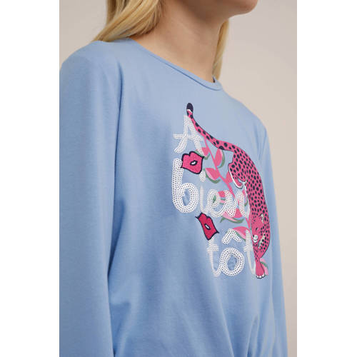 WE Fashion longsleeve Harlow met printopdruk lila roze Paars Meisjes Stretchkatoen Ronde hals 98 104