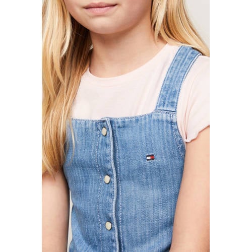 Tommy Hilfiger overgooier herringbone Jurk Blauw Meisjes Katoen Vierkante hals 128