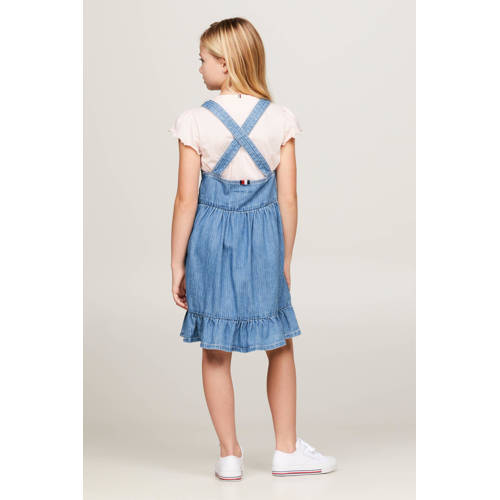 Tommy Hilfiger overgooier herringbone Jurk Blauw Meisjes Katoen Vierkante hals 128