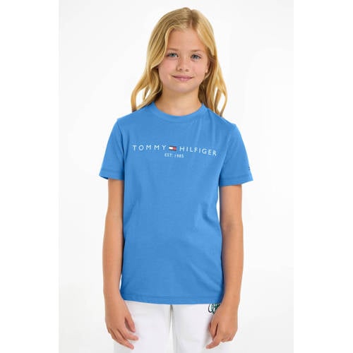 Tommy Hilfiger T-shirt met logo blauw Jongens Meisjes Katoen Ronde hals 92
