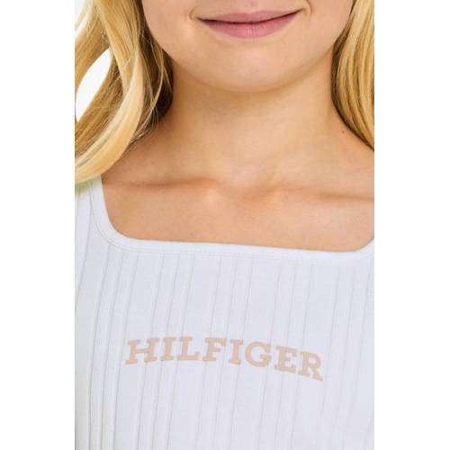 Tommy Hilfiger top met tekst wit lichtroze T-shirt Meisjes Katoen Ronde hals 140