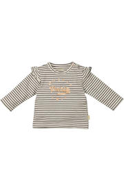 thumbnail: Wit, off white en bruine meisjes BESS baby gestreepte longsleeve van katoen met lange mouwen, ronde hals, drukknoopsluiting en ruches
