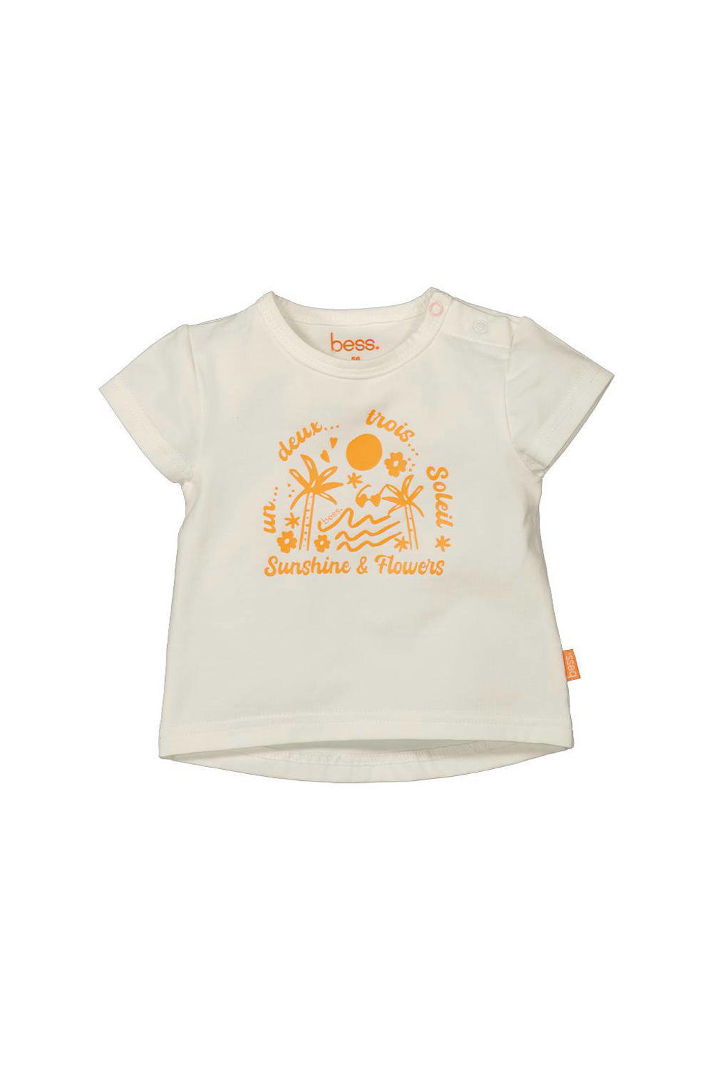 Wit en oranje meisjes BESS baby T-shirt van katoen met tekst print, korte mouwen, ronde hals en drukknoopsluiting