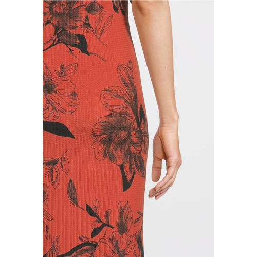 love2wait gebloemde zwangerschaps- en voedingsjurk Sofia rood zwart Dames Polyester V-hals XS
