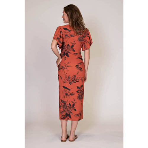 love2wait gebloemde zwangerschaps- en voedingsjurk Sofia rood zwart Dames Polyester V-hals XS