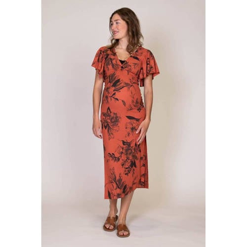 love2wait gebloemde zwangerschaps- en voedingsjurk Sofia rood zwart Dames Polyester V-hals XS
