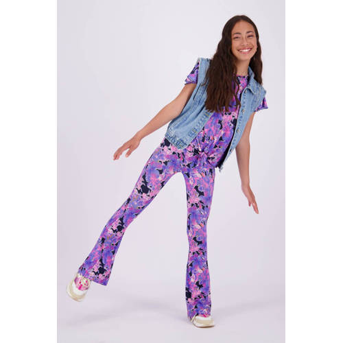 VINGINO flared broek Safien met all over print paars roze zwart Meisjes Viscose 128