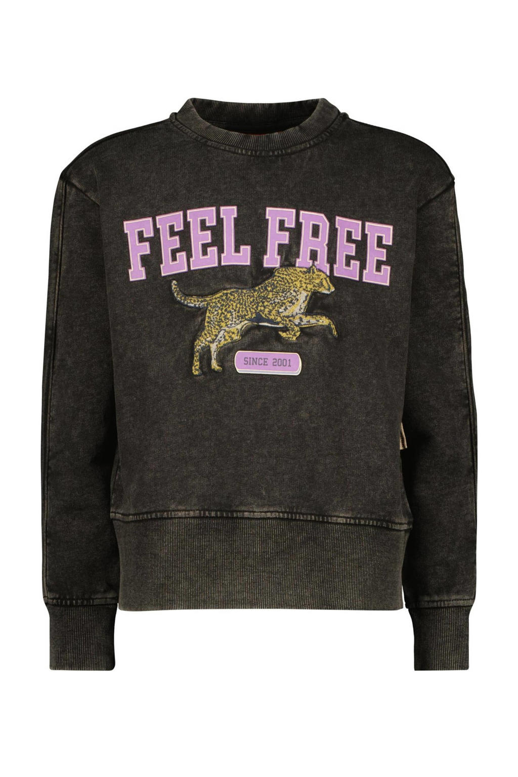 Zwarte meisjes Vingino sweater Narou vergrijsd van katoen met tekst print, lange mouwen en ronde hals