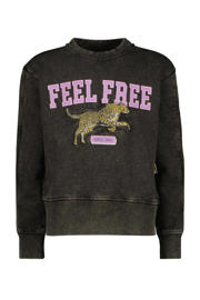 thumbnail: Zwarte meisjes Vingino sweater Narou vergrijsd van katoen met tekst print, lange mouwen en ronde hals