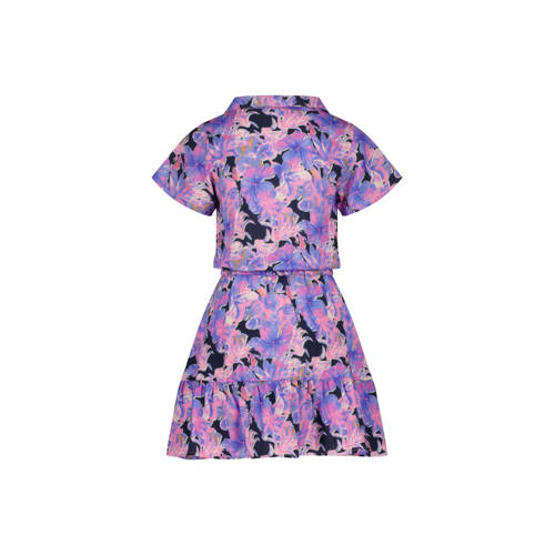 VINGINO jurk Penelop met all over print en volant paars donkerblauw Meisjes Viscose V-hals 128