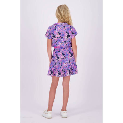 VINGINO jurk Penelop met bloemenprint en volant paars donkerblauw Meisjes Viscose V-hals 128