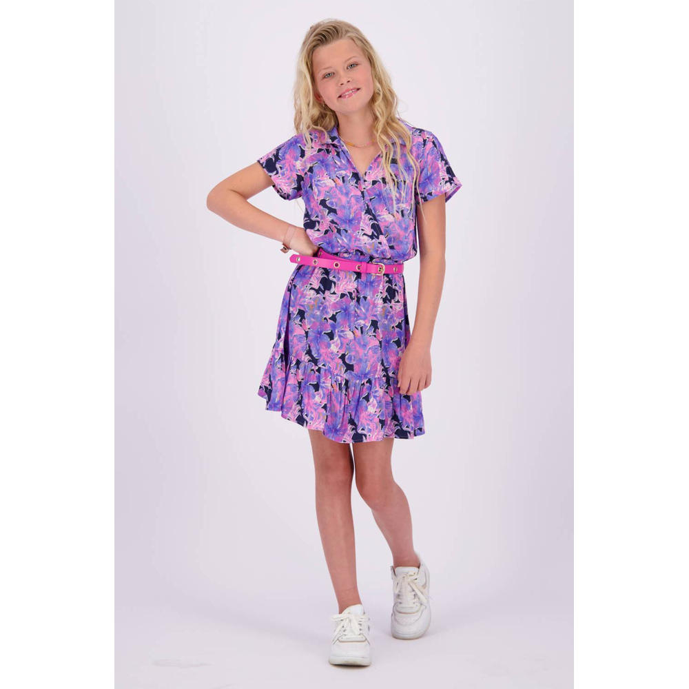 Vingino jurk Penelop met bloemenprint en volant paars/donkerblauw