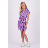 thumbnail: Paars en donkerblauwe meisjes Vingino jurk Penelop met volant van viscose met bloemenprint, korte mouwen en V-hals