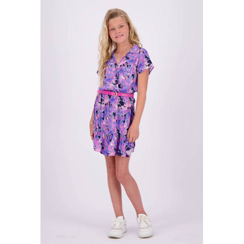 VINGINO jurk Penelop met bloemenprint en volant paars donkerblauw Meisjes Viscose V-hals 128