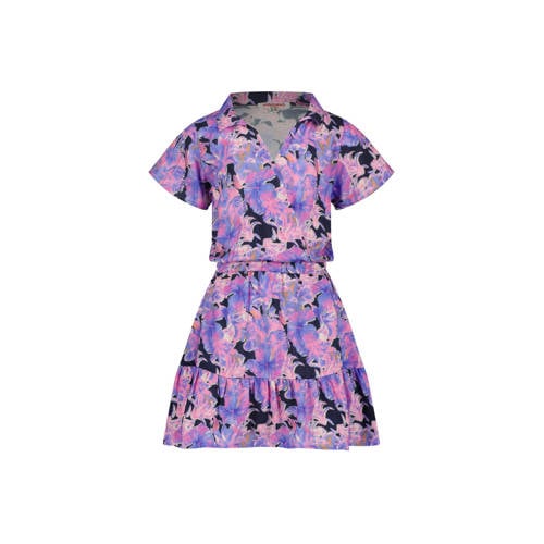Vingino jurk Penelop met bloemenprint en volant paars/donkerblauw Meisjes Viscose V-hals