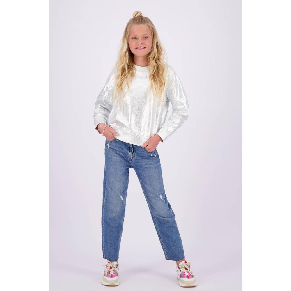 Zilverkleurige meisjes Vingino sweater Nizanne van katoen met effen, lange mouwen en ronde hals