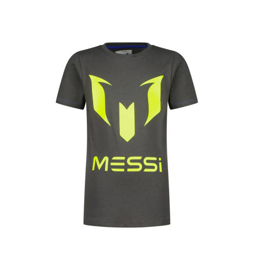 Vingino x Messi T-shirt met logo antraciet/neongeel Grijs Jongens Stretchkatoen Ronde hals