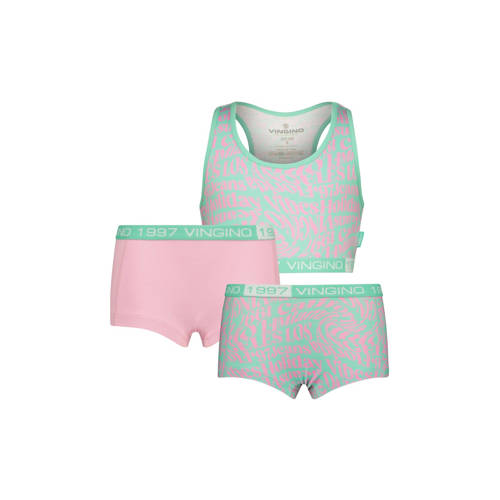 Vingino bh top + 2 shorts Holiday mintgroen/roze Top + short Meisjes Stretchkatoen Ronde hals