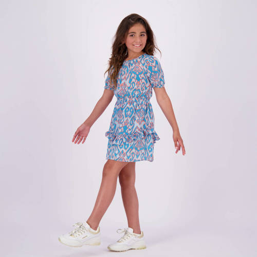 VINGINO jurk Paxie met all over print en volant helderblauw lichtroze Meisjes Polyester Ronde hals 128