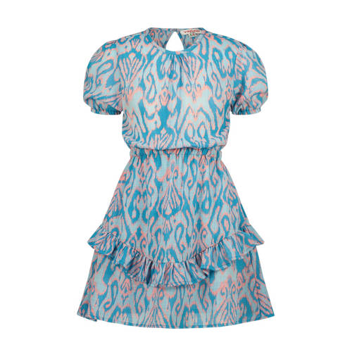 Vingino jurk Paxie met all over print en volant helderblauw/lichtroze Meisjes Polyester Ronde hals