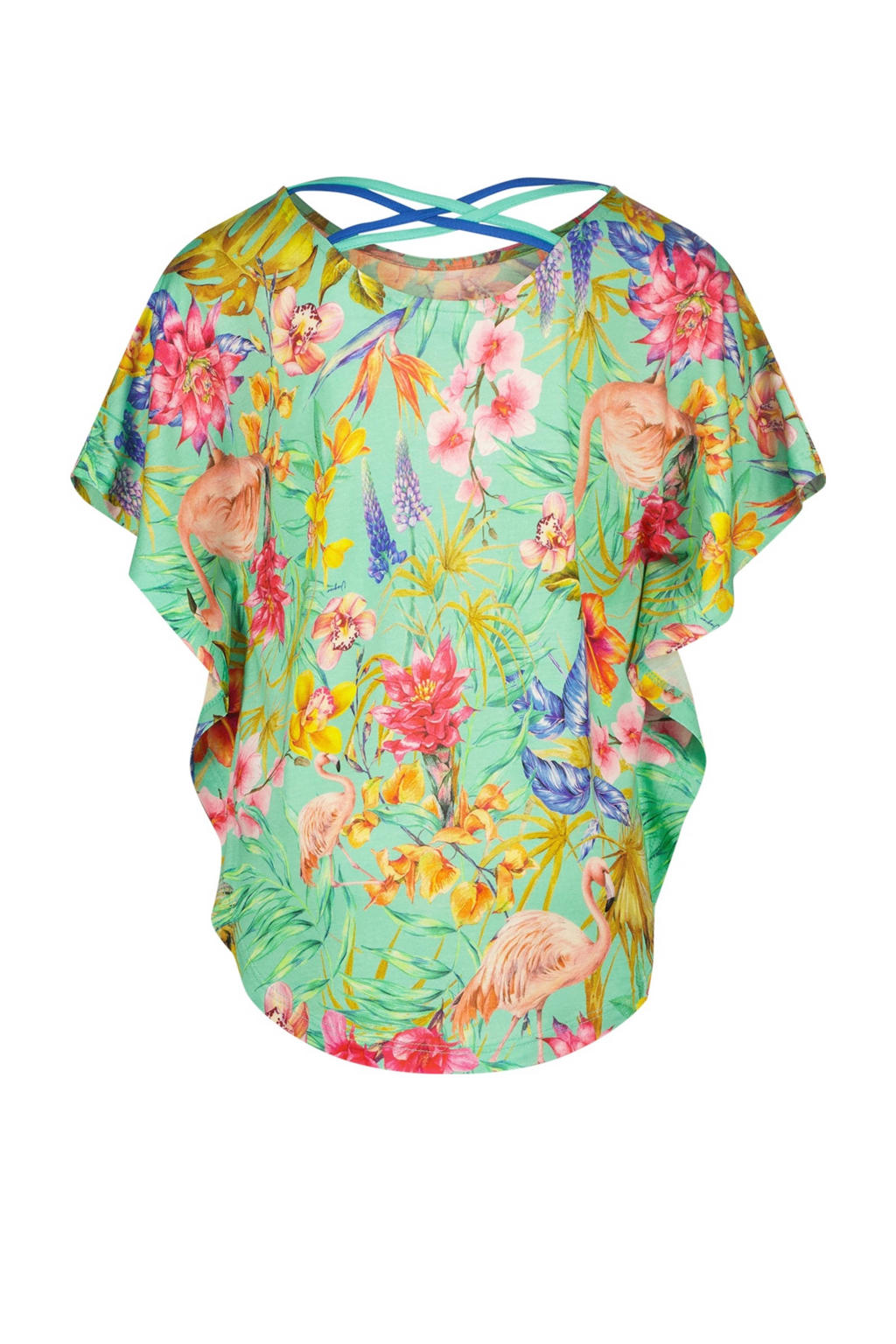 Groen en multikleurige meisjes Vingino gebloemde top Imela multicolor van viscose met effen, korte mouwen en ronde hals