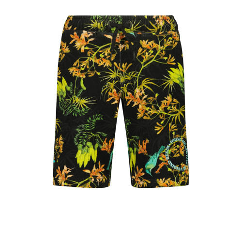 Vingino sweatshort Ralli met all over print zwart/neon geel/oranje Korte broek
