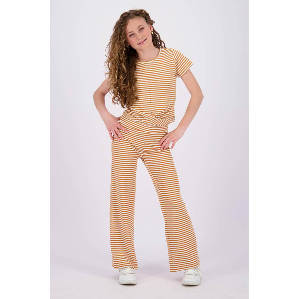 Lichtbruin en witte meisjes Vingino gestreepte broek Sila van polyester met elastische tailleband