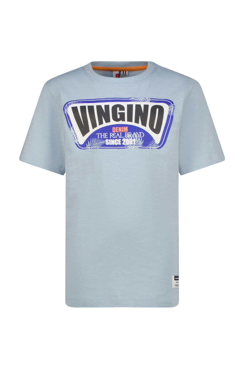 Lichtblauwe jongens Vingino T-shirt Hefor van katoen met logo dessin, korte mouwen en ronde hals