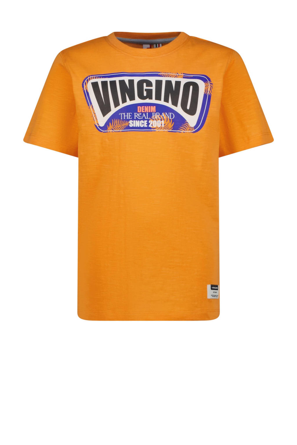 Oranje jongens Vingino T-shirt van katoen met logo dessin, korte mouwen en ronde hals