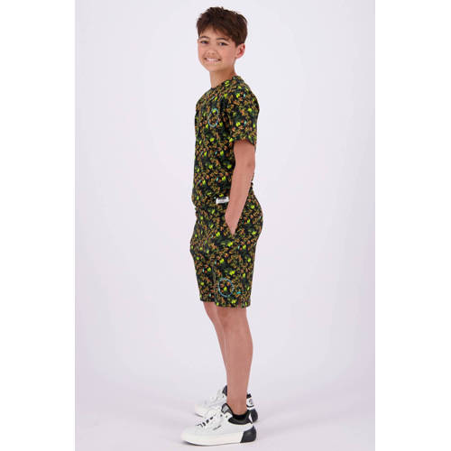 VINGINO T-shirt Jerro met all over print zwart neon geel oranje Jongens Katoen Ronde hals 164
