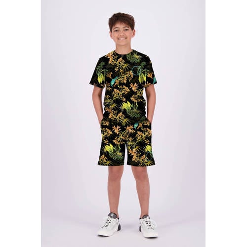 VINGINO T-shirt Jerro met all over print zwart neon geel oranje Jongens Katoen Ronde hals 164