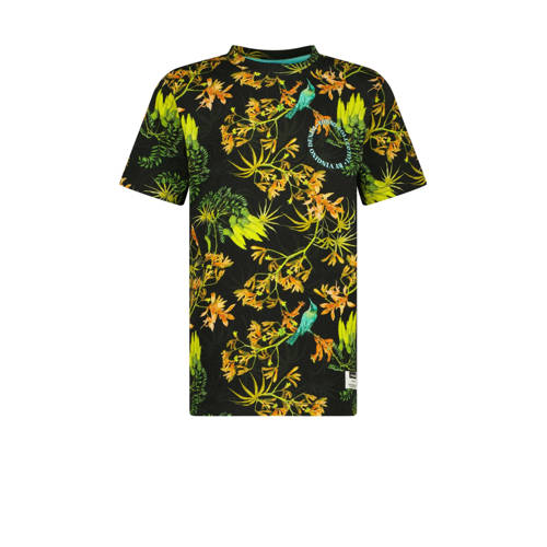 Vingino T-shirt Jerro met all over print zwart/neon geel/oranje Jongens Katoen Ronde hals