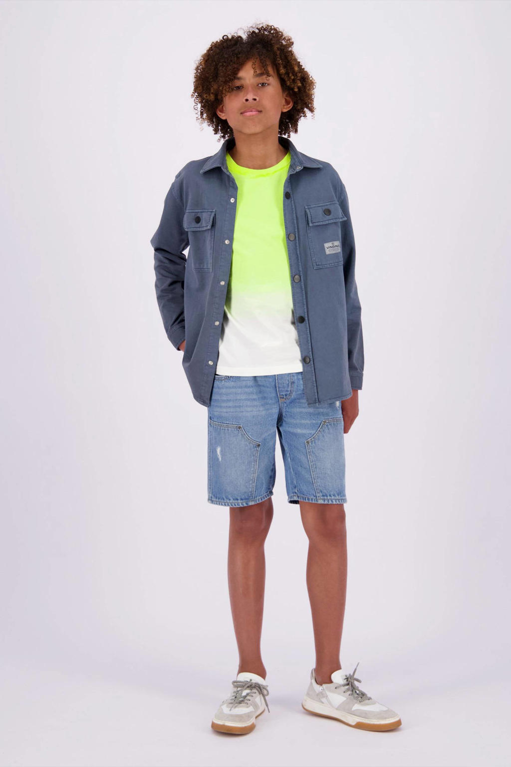 Geel en neonkleurige jongens Vingino T-shirt Hermo offwhite van katoen met meerkleurige print, korte mouwen en ronde hals