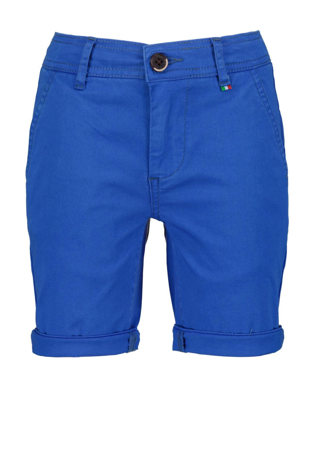 Blauwe jongens Vingino regular fit chino short Taormina hardblauw van stretchkatoen met knoopsluiting en effen
