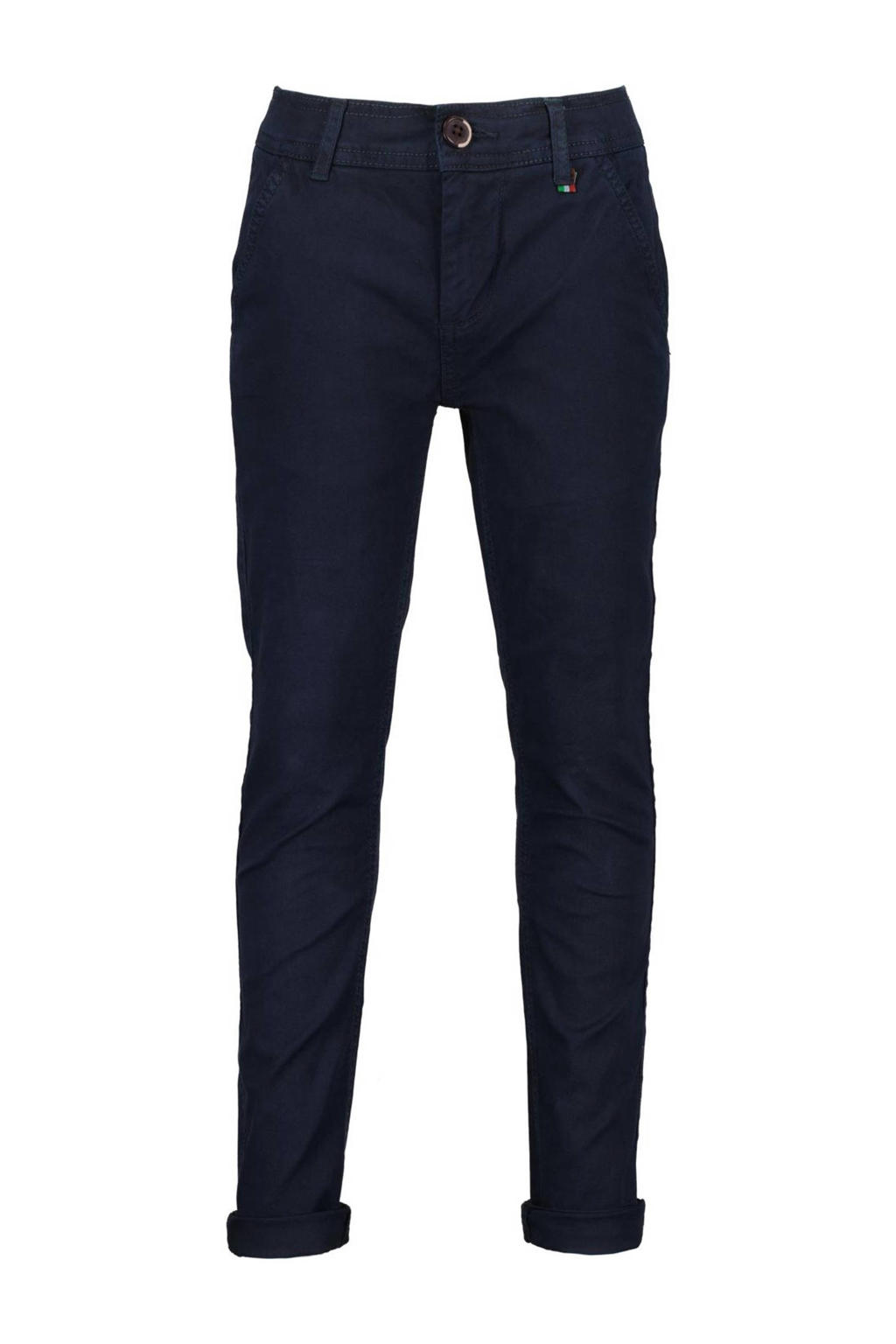 Blauwe jongens Vingino regular fit broek Torino van katoen met knoopsluiting en effen