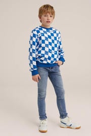 thumbnail: Blauw en witte jongens WE Fashion geruite sweater met lange mouwen en ronde hals
