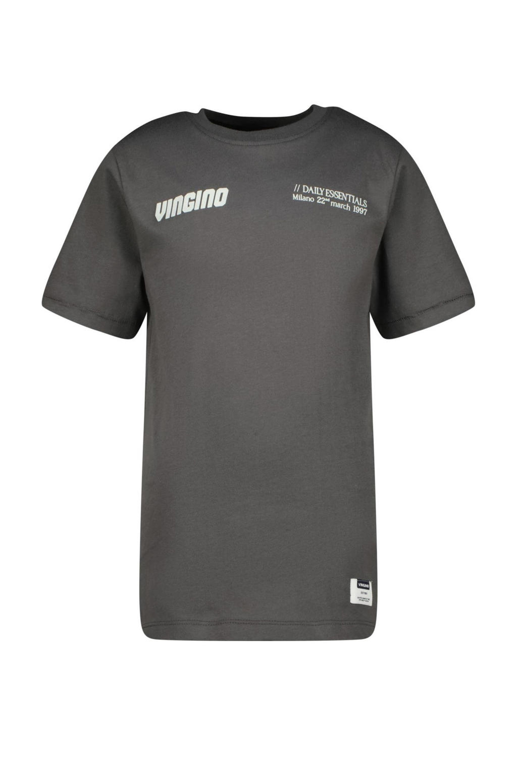 Grijze jongens Vingino T-shirt Hezor van stretchkatoen met printopdruk, korte mouwen en ronde hals