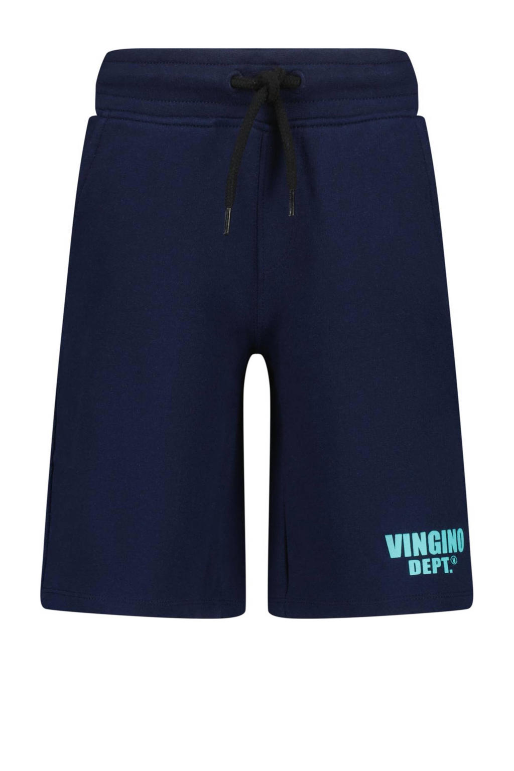 Donkerblauwe jongens Vingino sweatshort Ramto van katoen met elastische tailleband met koord en logo dessin