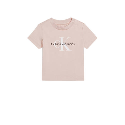 Calvin Klein baby T-shirt met logo zalm roze Jongens/Meisjes Stretchkatoen Ronde hals